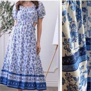 By The River Blue White Porcelain Floral Print Linen Blend Cut Out Midi Dress
